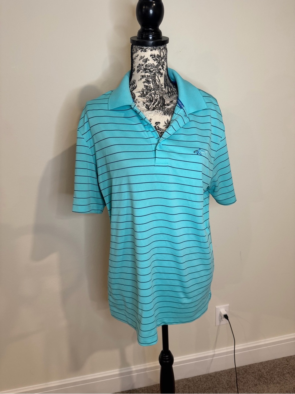 Greg Norman for Tasso Ella Play Dry Medium teal Blue Striped Shark golf shirt